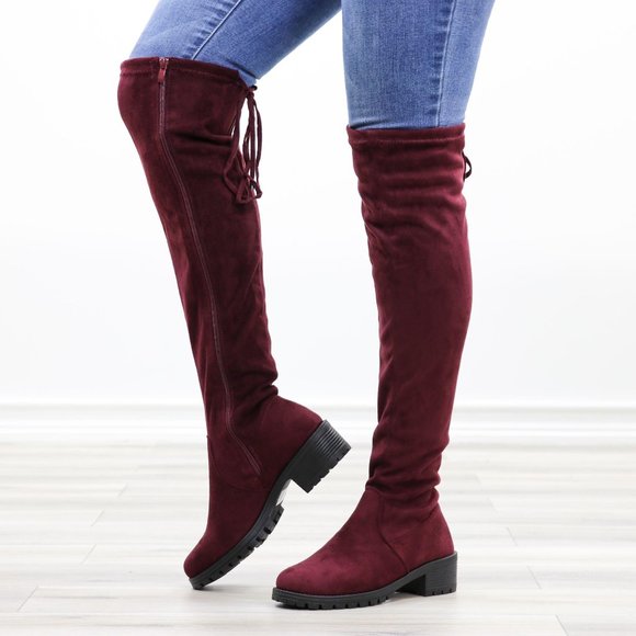 Wine Lug Sole Thigh High Boots Back Lace Tie - Picture 12 of 14